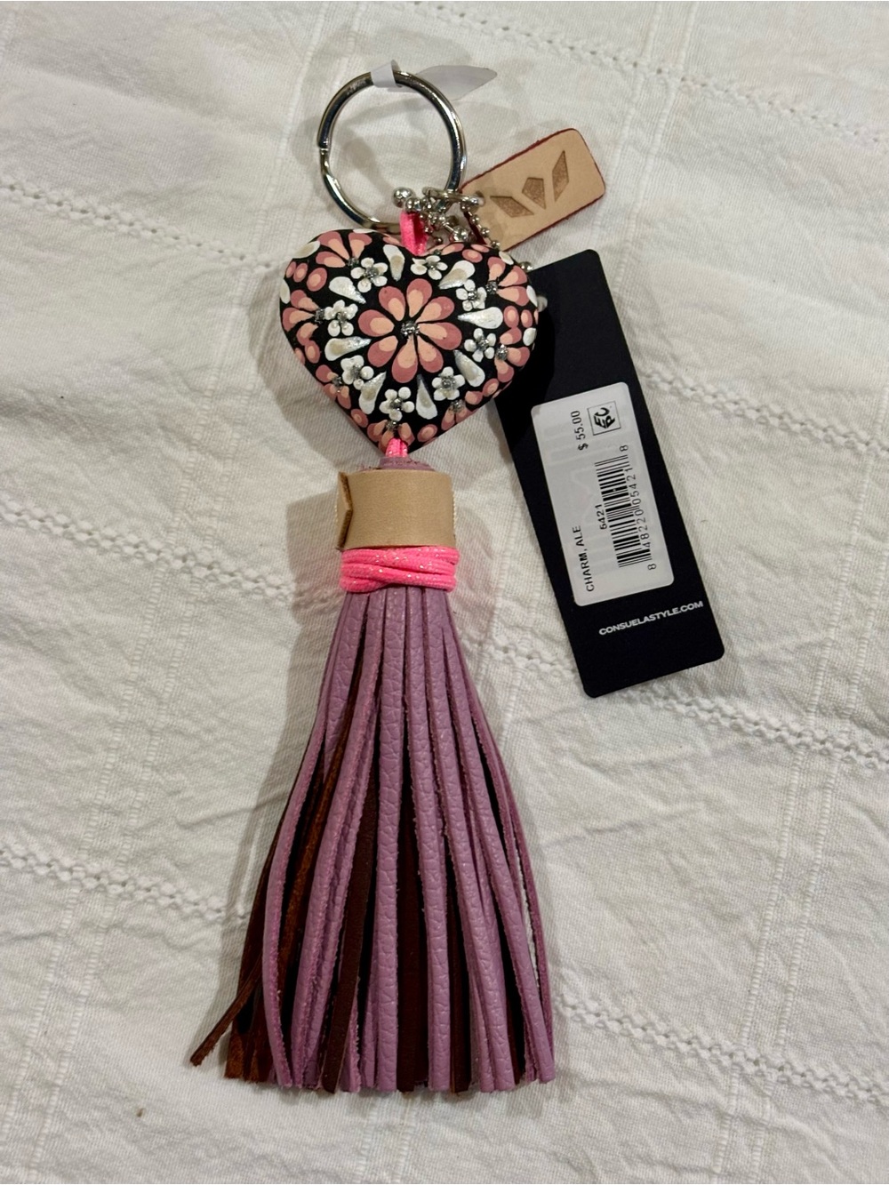 Consuela Floral Heart Tassel Keychain - Pink, Lavender & Black